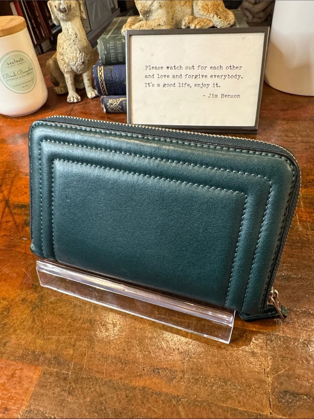 Coach Teal Zip Wallet with Silver Logo - Picture 3 of 11